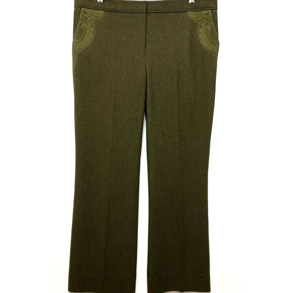 Carlisle Wool Olive Green Pants Lace Detail Straight Leg Size 8 - Picture 2 of 10